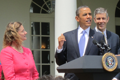 President Barack Obama (center) and Education Secretary Arne Duncan (right) honored Maryland’s Michelle Shearer as National Teacher of the Year in a Rose Garden ceremony at the White House on May 3. Ms. Shearer is an AP chemistry teacher at Urbana High School in Frederick County.